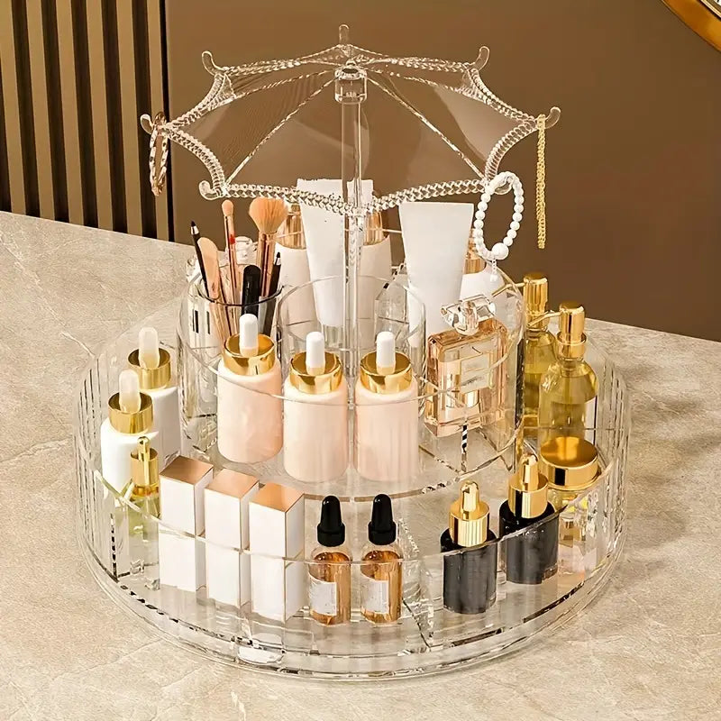 Umbrella Makeup Organizer, Transparent 360 Rotating Cosmetic Storage Box, Large Cosmetic Display Case for Vanity, Spinning Cosmetic Storage Holder Rack, Double Layered Beauty Storage Rack, 2 Level Multipurpose Cosmetic Jewellery Case Umbrella Makeup Organizer, Transparent 360 Rotating Cosmetic Storage Box, Large Cosmetic Display Case for Vanity, Spinning Cosmetic Storage Holder Rack, Double Layered Beauty Storage Rack, 2 Level Multipurpose Cosmetic Jewellery Case